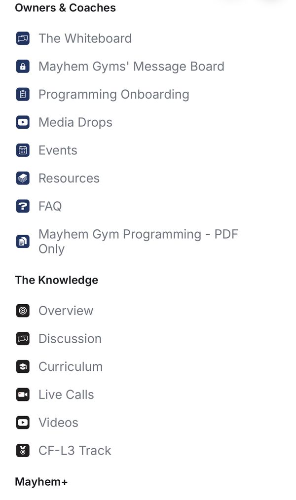 Rooms for owners and coaches in the Mayhem Nation app