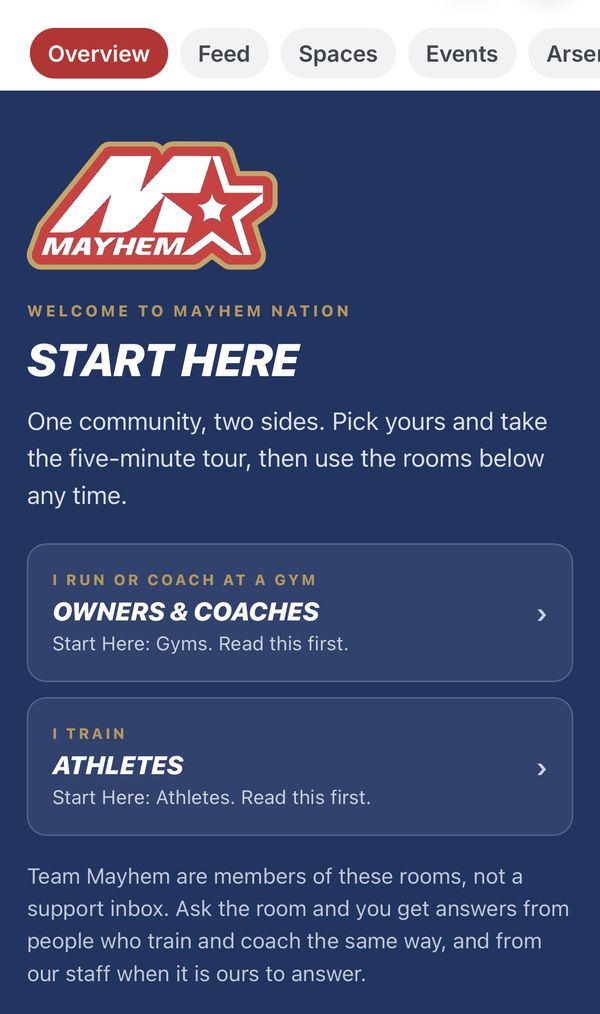 The Start Here screen in the Mayhem Nation app